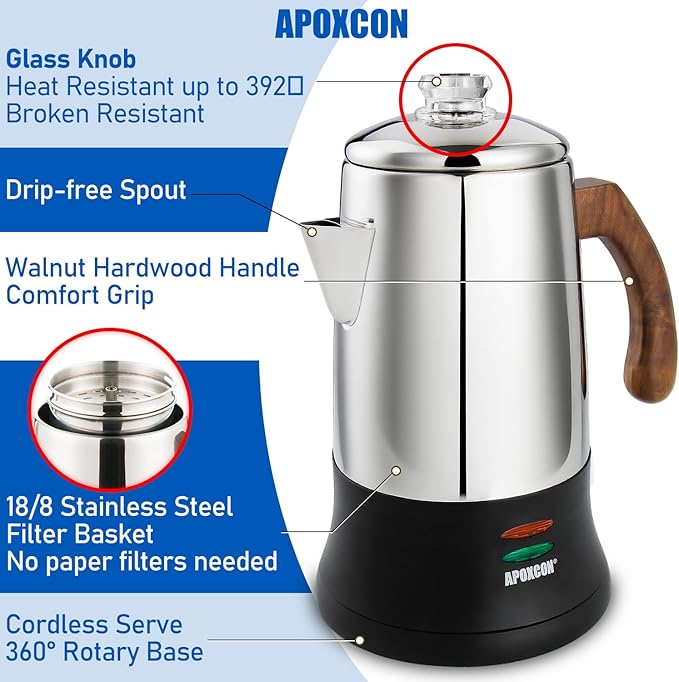 Electric Coffee Percolator Stainless Steel Coffee Maker with Tough Glass Clear Brew Progress Knob & On/OFF Switch Keep Warm Cordless Serve for Home and Hotel Room Use Gift Box Packaging 6 Cup
