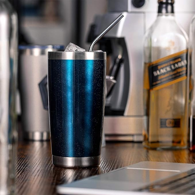 COMOOO 20oz Tumbler 8 Pack Double Wall Vacuum Insulated Travel Mug, Stainless Steel Tumbler Bulk with Lid and Straw, Durable Powder Coated Insulated Coffee Cup for Cold & Hot Drinks (Peacock blue, 8)