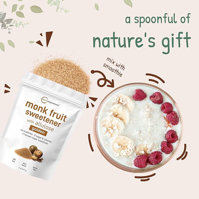 Micro Ingredients Golden Monk Fruit Sweetener Allulose, 2 lbs | No Erythritol, No Aftertaste, 1:1 Brown Sugar Substitute | Zero Calorie, Great for Drinks, Coffee, Tea, Cookies | Keto, Vegan, Non-GMO