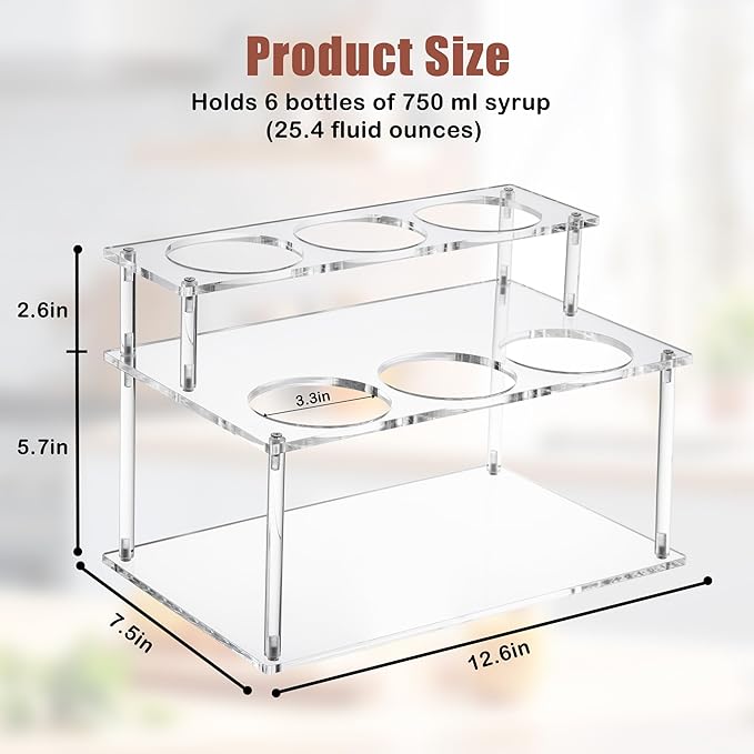 Acrylic Coffee Syrup Organizer rack,2 Tier-6 Bottle Capacity Syrup stand,Syrup Bottle Holder for coffee bar syrup storage,kitchen condiment organization and wine display.