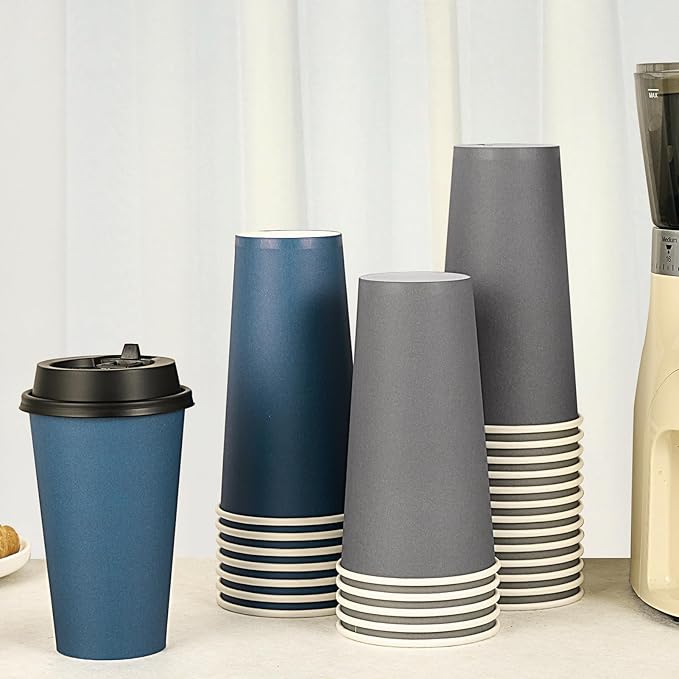 LITOPAK 100 Pack 20 oz Disposable Paper Coffee Cups with Lids for Coffee, Water, Juice, or Tea, Blue and Gray Hot Paper Cups for Home, Restaurant, Store, and Cafe