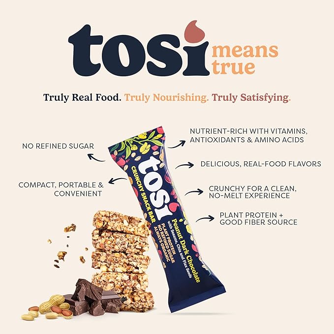 Tosi Nut Bars, Peanut Dark Chocolate, Healthy Snacks for Adults & Kids, Plant Based Crunchy Bars (7G Protein), Organic Keto Snacks, Vegan, Gluten & Soy Free, Low Sugar, Omega 3s, 1oz, 12-Pack