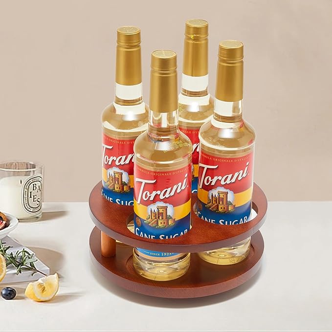 Wood Rotating Coffee Syrup Organizer, 4 Bottles Coffee Syrup Rack, Coffee Station Organizer with Large Base and Anti-Slip Pad