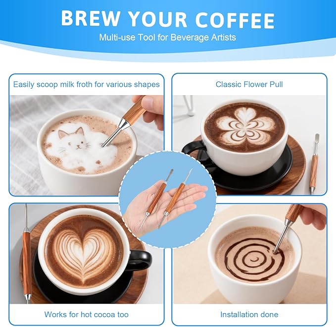 2 PC Latte Art Pen Set, Stainless Steel Coffee Drawing Tool with Wood Handle, Double - Ended Latte Art Pen for Barista, Home & Cafe Use to Create Intricate Coffee Designs