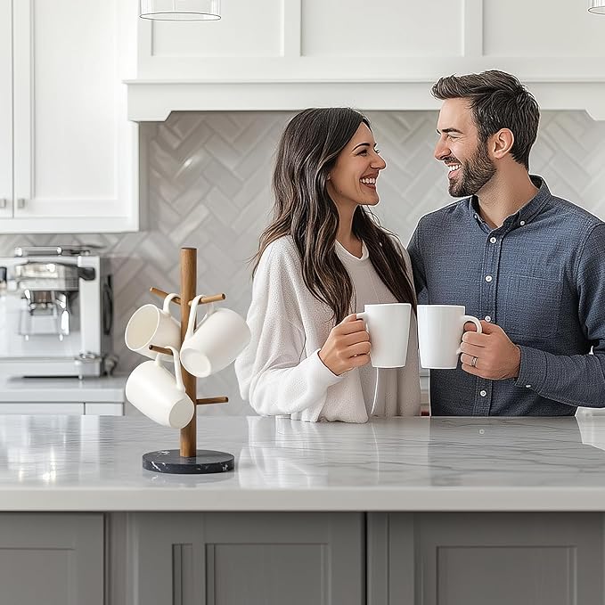 Buruis Mug Holder, Acacia Wood & Marble Base, 6 Hooks Kitchen Countertop Coffee Tea Cups Organizer