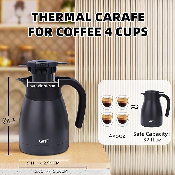 GiNT 1L / 34Oz Thermal Coffee Carafe, Insulated Stainless Steel Coffee Carafes for Keeping Hot/Double Walled Vacuum Thermal Carafe (Black)