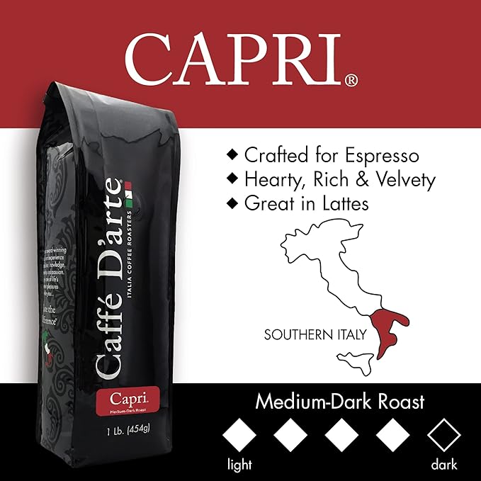 Caffe D'arte Capri Whole Bean Espresso Coffee – Fresh Roasted in Seattle, Italian Espresso Roast, Rich, Velvety & Full-Bodied Flavor - 1 Pound, Pack of 2