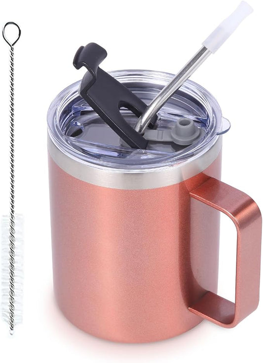 Volhoply 12oz Insulated Leakproof Coffee Mug with Flip & Straw Lid,Double Wall Vacuum Stainless Steel Travel Tumbler Cup with Handle,Reusable Camping Mugs Keep Cold/Hot(Rose Gold,1 Set)