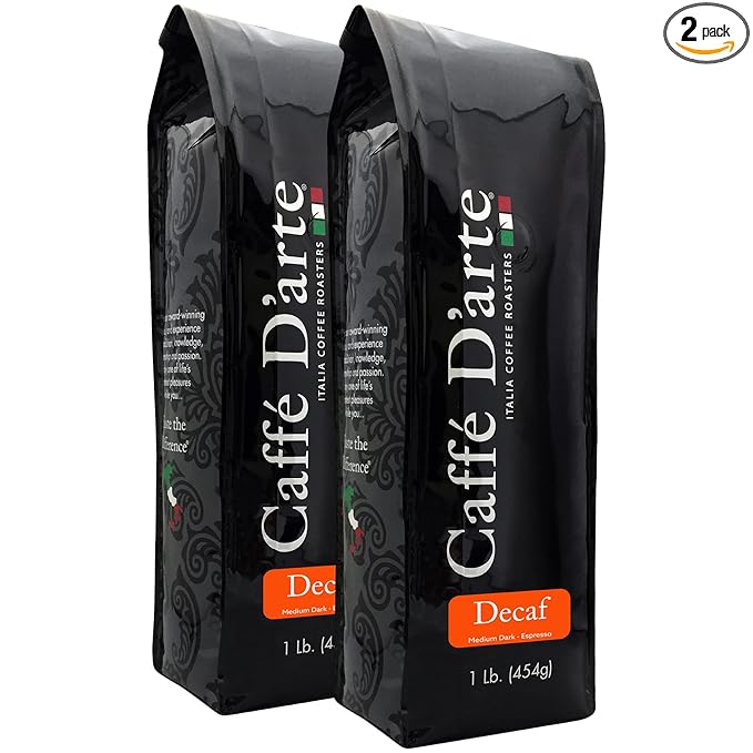 Caffe D'arte Decaf Whole Bean Espresso Coffee – Bold & Smooth Medium Dark Roast with Rich Crema – Crafted for Espresso Machines – 1 lb Bag, Pack of 2