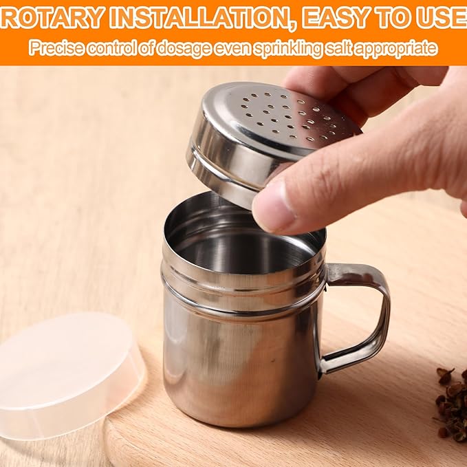 Lallisa 6 Pcs Stainless Steel Salt and Pepper Shakers with Lid and Handle Dredge Spice Seasoning Condiment Popcorn Salt Shaker Powder Sugar Flour for Cooking Kitchen Baking (6oz)