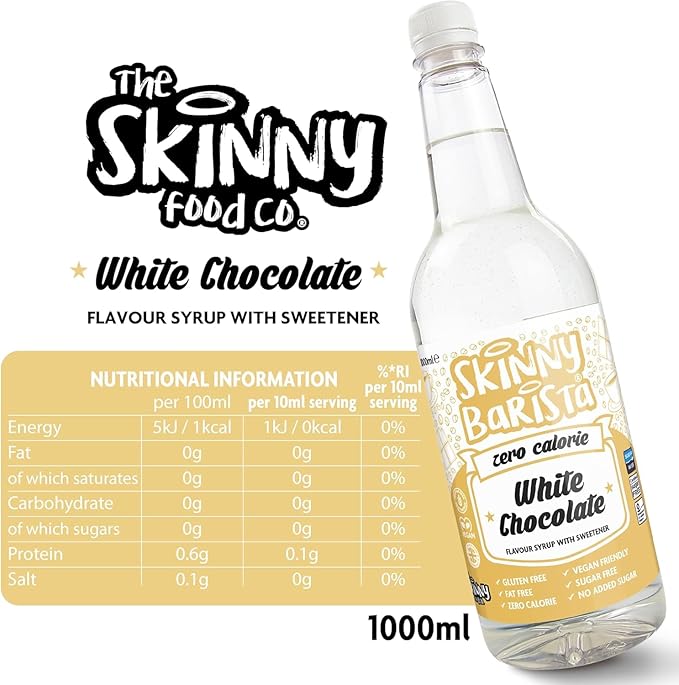 Skinny Food Co White Chocolate Syrup Zero Calorie 35 Fl Oz - Sugar Free Coffee Syrups for Tea, Hot Chocolate, Baking, Protein Drinks - Vegan, Gluten-Free & Fat-Free - Syrups For Coffee Drinks