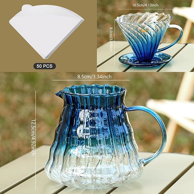Bincoo Pour Over Coffee Maker Set with Dripper Size 02,600ml Glass Coffee Server Set,60 Angle Tapered Glass Coffee Dripper with Stand&Filter Paper for Home Office Gift (Blue)