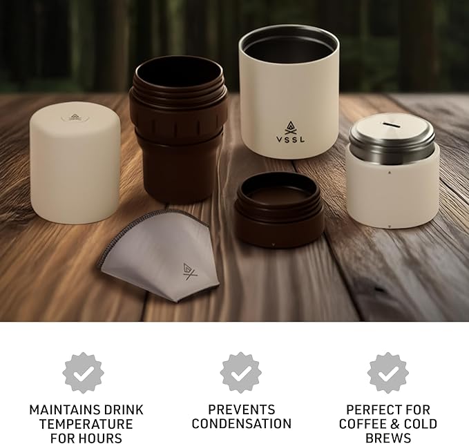 VSSL - Nest Pour Over Coffee Kit | Coffee Maker for Camping | All-In-One Travel Pour Over | Transportable Dripper, Two 10oz Stainless Steel Travel Mugs | Compact Storage & Adventure Ready | Cream