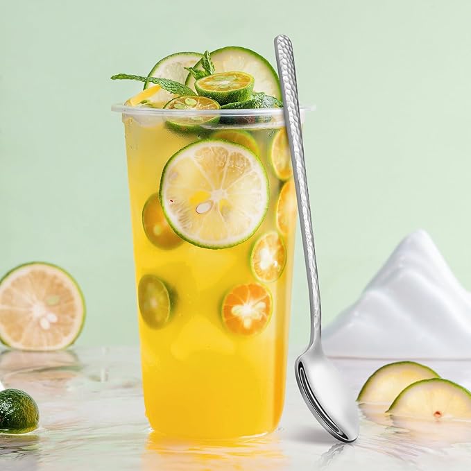 8.4-Inch Hammered Ice Tea spoon Long Handle, Coffee Spoon, Ice Cream spoons, Stainless Steel Cocktail Stirring Spoons, Tea spoon，Set of 6