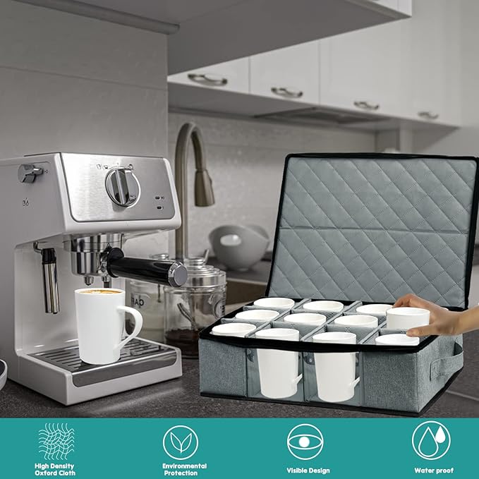 Boczif Coffee Cup Storage Box, Storage Containers Holds 12 Glassware, Coffee Mugs and Tea Cups, Padded Dinnerware Case with Dividers, Handles, Zipper & Lid, Stackable Holders for Plate, Cup, Flatware
