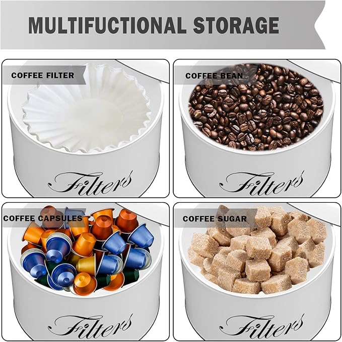 Coffee Filter Holder, White Basket Coffee Filter Storage with Lid, Round Coffee Filter Container for Counter, Rustic Farmhouse Coffee Bar Accessories Decor (White)