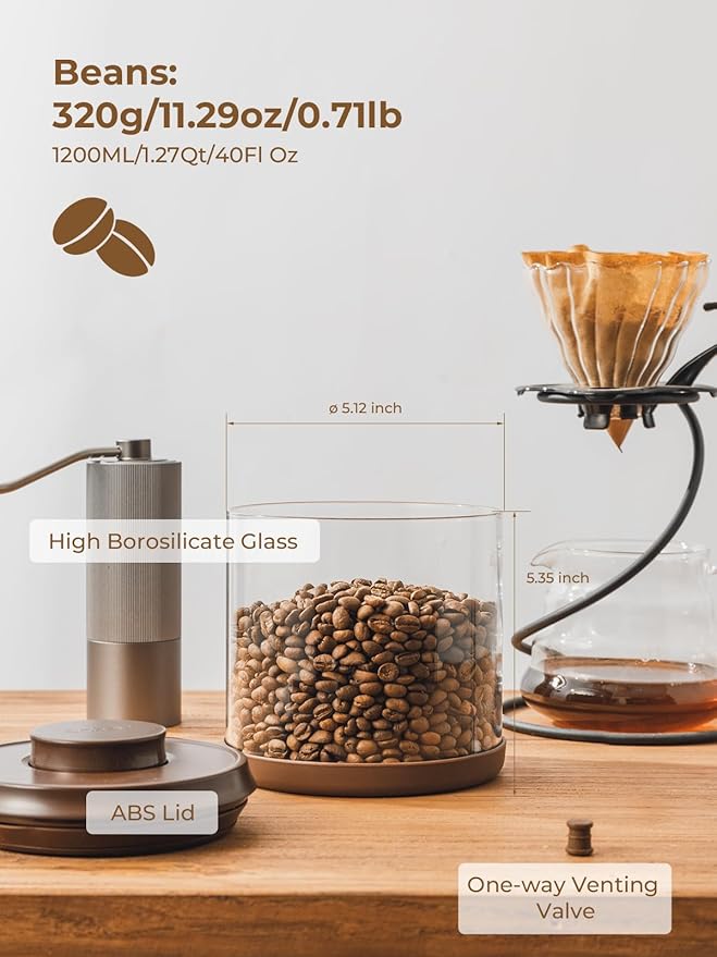 Airtight Coffee Canister, 14 oz Borosilicate Glass Coffee Bean Storage Container with Pop Lid, CO2 Releasing Valve for Grounds Coffee, Beans, Sugar, 1200ml