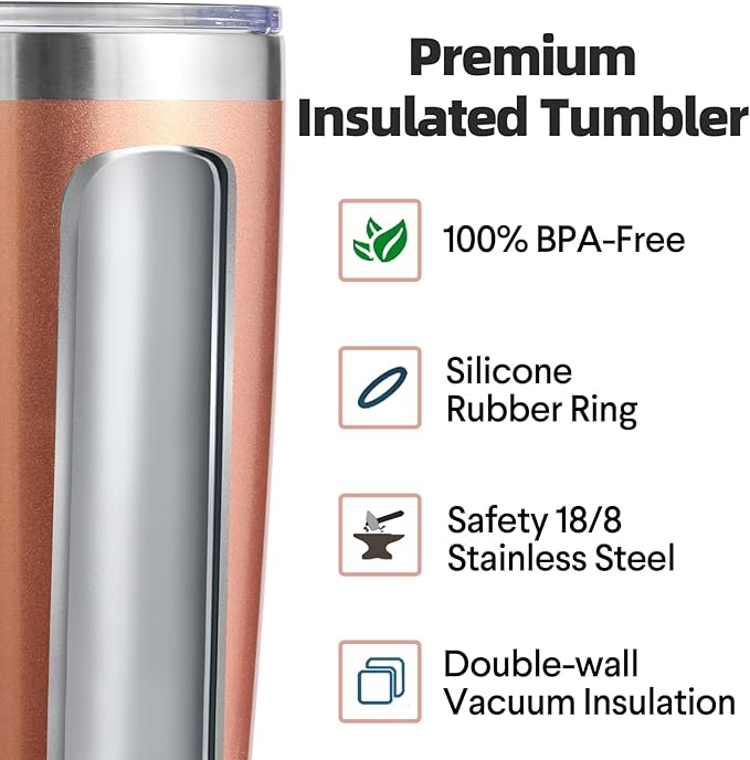 Volhoply 20oz Stainless Steel Tumbler with Lid and Straw,Double Wall Insulated Travel Iced Coffee Mug Fits Cup holder,Powder Coated Cups for Hot and Cold Drinks,Gifts for Women Men（Rose Gold,1 Set）