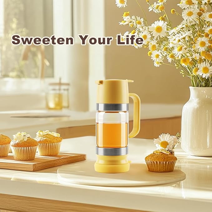 Neodaco Honey Dispenser No Drip with Stand, 9 OZ Glass Honey Jar Pot, Syrup Dispenser for Coffee or Tea, Easy One Hand Use, Yellow