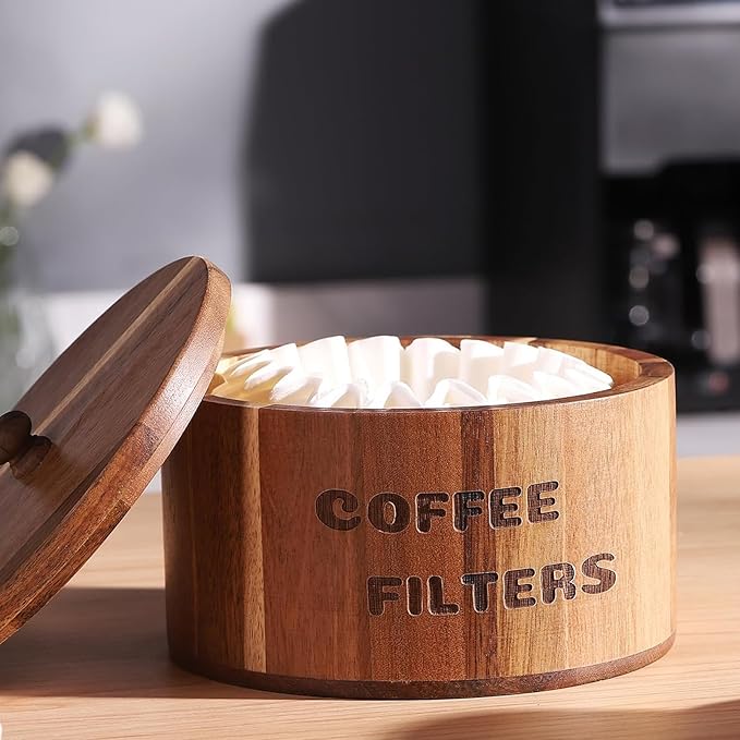 Natural Acacia Wood Coffee Filter Holder with Lid, Multi-Use Countertop Organizer for Coffee Filters, Pods, Beans - Rustic Kitchen Decor