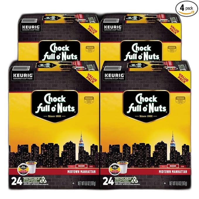Chock Full o' Nuts Midtown Manhattan Keurig K-Cup Pods for Keurig Brewers – Premium Arabica, Medium Roast – Single Serve – 4 Packs of 24 K-Cup Pods
