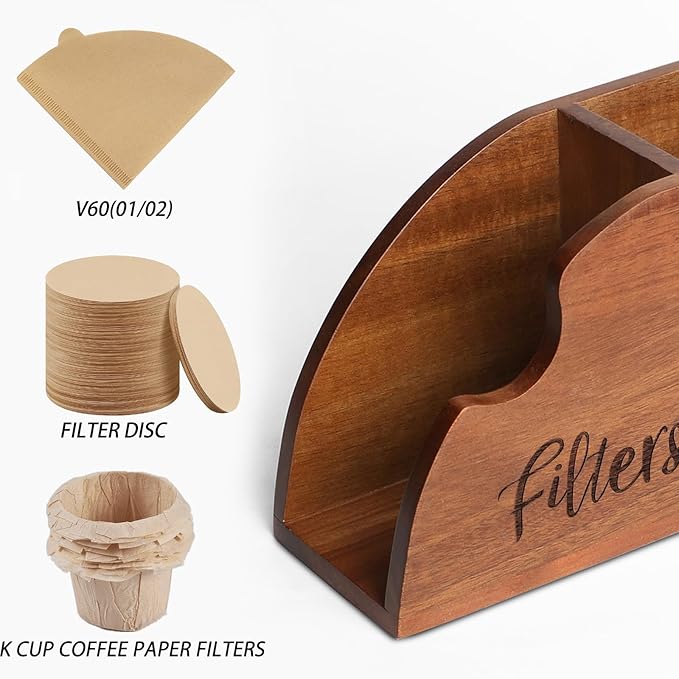 Acacia Wood Coffee Filter Holder - V60 Size 01 & 02 Cone Coffee Filters Storage Organizer, Disposable K-Cup Filter Holder, Coffee Bar Decor
