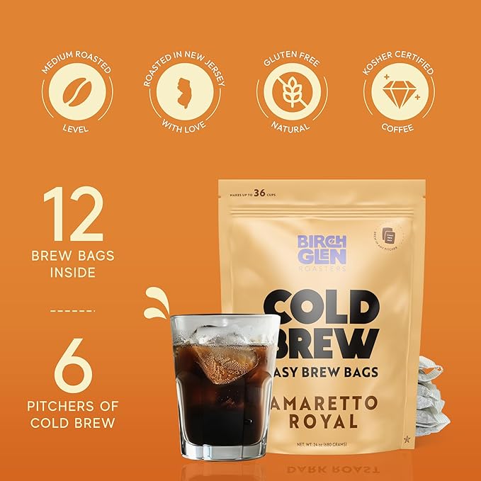 Birch Glen Roasters Cold Brew Coffee Bags - 12 Pack of Coarse Ground Coffee Filter Pitcher Packs for Easy Brewing - 100% Arabica - Yields 6 Pitchers - French Toast Flavor