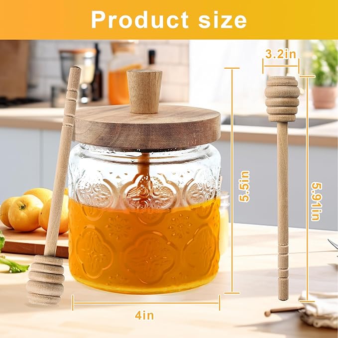 17oz Honey Jar with 3 Wooden Dippers,Pot Container Dispenser,Clear Glass Honey Container for Home Kitchen,Store Honey and Syrup,Easy to Clean