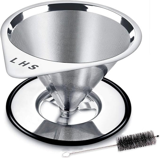 LHS Pour Over Coffee Dripper Stainless Steel Coffee Filter Metal Cone Filter Paperless Reusable Coffee Filter Single Cup Coffee Maker 1-4 Cup With Non-slip Cup Stand and Cleaning Brush