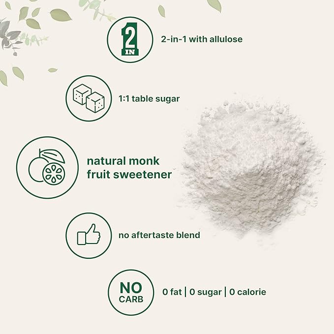 Monk Fruit Sweetener with Allulose, 2 lbs Granular | No Erythritol | No Aftertaste, 1:1 White Sugar Substitute, Keto & Vegan Friendly, Zero Calorie | Great for Drinks, Coffee, Tea, Cookies | Non-GMO