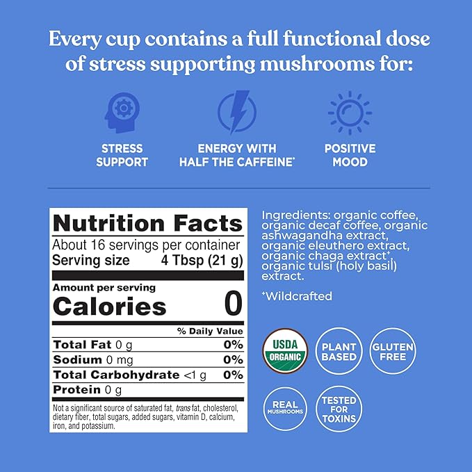 Four Sigmatic Organic Balance Adaptogen Ground Coffee | Medium Roast USDA Organic Coffee with Ashwagandha, Chaga Mushroom, Eleuthero and Tulsi for Focus and Energy Boosting | 12oz Bag