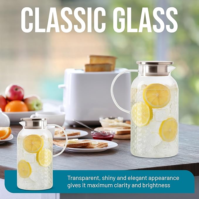 2 Liter 68 oz Glass Pitcher with Lid and Spout, Diamond Glass Carafe for Hot/Cold Water, Large Iced Tea Pitcher for Juice and Homemade Beverage