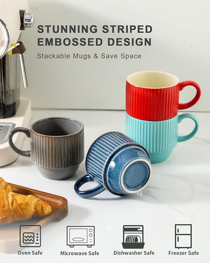 Hasense Coffee Mug Set of 4 with Holder - 12 oz Stackable Large Ceramic Ribbed Latte Cup Set for Cappuccino, Tea, Hot Cocoa, Drinks - Dishwasher & Microwave Safe Multi color