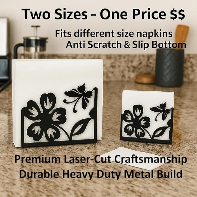 Butterfly napkin holder Set – 2 Pack Black metal napkin holder in the shape of a flower & Coffee filter holder for Kitchen, Dining & Coffee Bar – Fits Everyday, Cocktail Napkins & Filters Size 2 & 4
