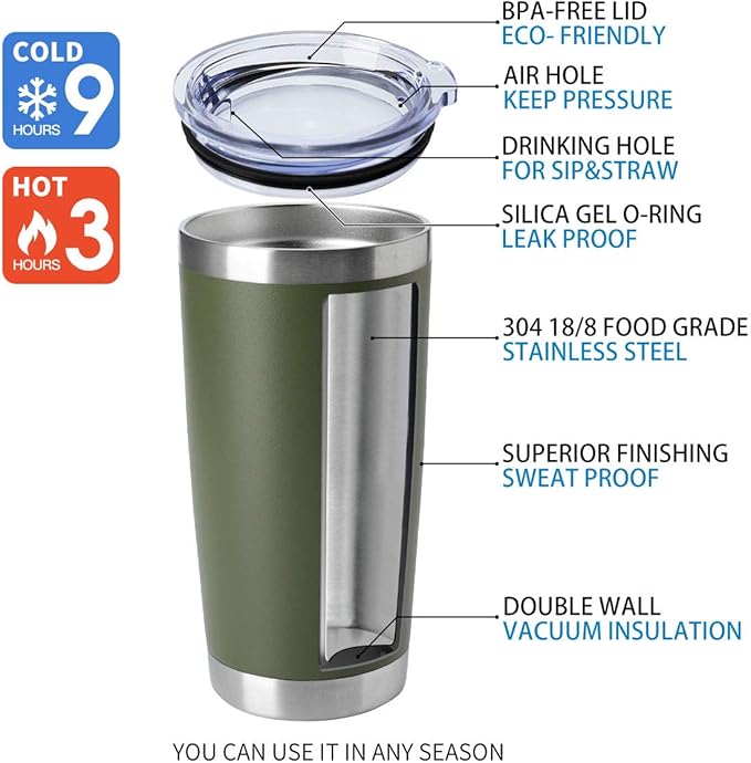 HASLE OUTFITTERS 20oz Stainless Steel Tumblers Bulk, Insulated Travel Cup with Lid, Double Wall Vacuum Coffee Mug for Cold & Hot Drinks 4 Pack, Army Green
