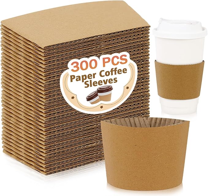 300 PCS Coffee Cup Sleeves, Disposable Coffee Sleeves Fits 10-20 oz Cups, Kraft Paper Cup Sleeve for Hot and Cold Drinks