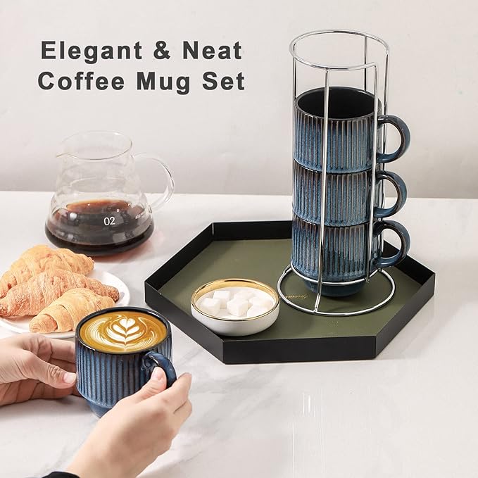Hasense Navy Coffee Mugs Porcelain Set of 4 with Rack - 12 oz Stackable Coffee Cups Ceramic, Modern Ribbed Latte Cup Sets for Cappuccino, Tea, Espresso, Hot Cocoa, Drinks - Dishwasher & Microwave Safe