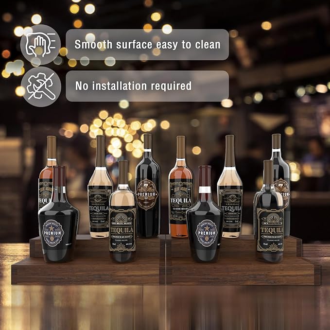 tongmo 2 pack Liquor Bottle Stand - 2 Tier Liquor Bar Bottle Display Shelf, Holds 16Bottles, Real Wood, Easy to Clean, No Installation Required - 15.8 Inch each (Dark Walnut)