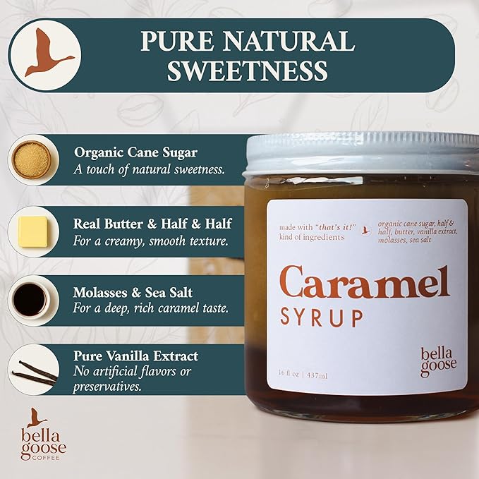 Bella Goose Salted Caramel Coffee Syrup (16oz) - Homemade Pure Cane Sugar Syrup for Lattes, Desserts, & Ice Cream - Clean Ingredient - No Artificial Flavors, Oils, Dyes, Preservatives - Syrups for Coffee Drinks