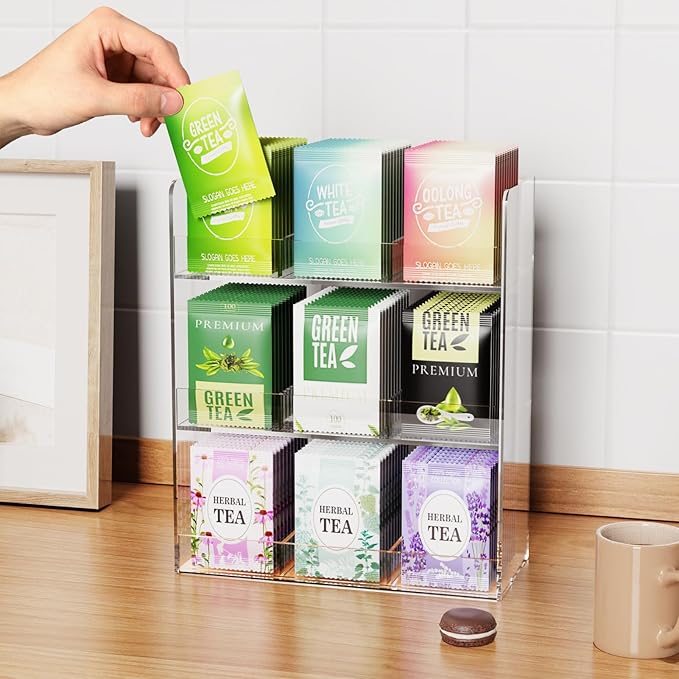 Acrylic Tea Bag Organizer, 3 Layers Tea Bag Holder for Tea Packets, No Assembly Required, Wall Mount Display Tea Caddy for Countertop or Cabinet, 9 Slots