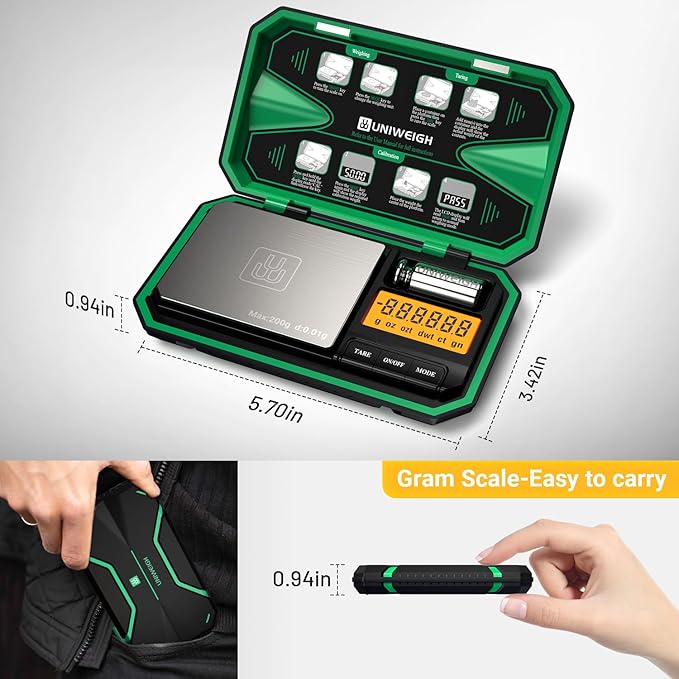 Digital Pocket Scale Precision 200g/0.01g, Digital Scale Grams Ounces, Mini Jewelry Scale, Coins Scale with 50g Cal Weights for Gold/Silver/Gems/Food,(Battery Included)-Green