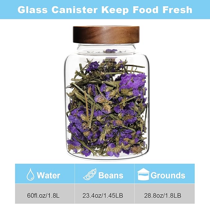 Glass Spice Jar Coffee Sugar Container Airtight Glass Jar Food Storage Canisters Bottle for Kitchen Seasoning Tea Herb Overnight Oats Bar Parfait Snacks (1800ml(60oz)-1 pack-no spoon)