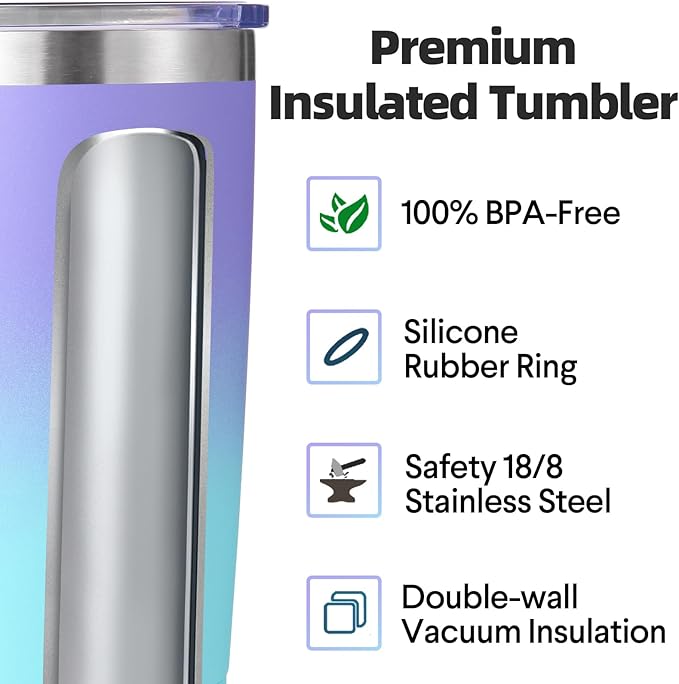 Volhoply 20oz Stainless Steel Tumbler with Lid and Straw Bulk 8 Pack,Double Wall Insulated Travel Iced Coffee Mug Fits Cup holder,Powder Coated Cups for Cold Drinks,Christmas Gifts（Purple Bule,8 Set）