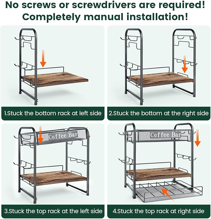 Coffee Bar Organizer, Station Mug Holder for Countertop, Multi-Functional 3 Tier Coffee Cup Tree Rack for Kitchen, Storage Shelf with 10 Hooks, K Cup Pod Drawer for Home Office