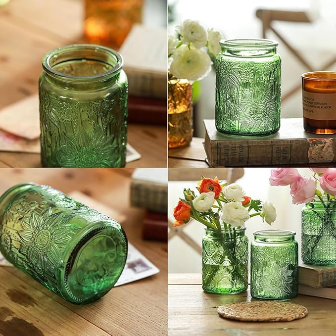 ANSQU Vintage 23.7oz Glass Storage Jar with Solid Wood Lid - Sunflower Kitchen Canister for Tea, Coffee, Candy, Cookies, Bath Salts & Laundry Detergent - Decorative Multi-Purpose Jar (Green, 1 Pack)