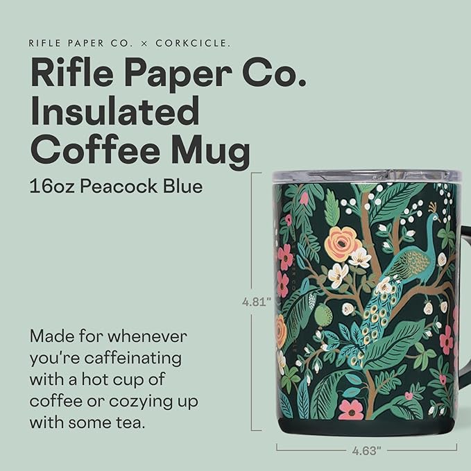 Corkcicle x Rifle Paper Co. Triple Insulated Coffee Mug with Lid & Handle - Keeps Beverages Hot for 3+ Hours - Gift for Mom - Great for Mother's Day or Christmas - 16 oz - Peacock Blue