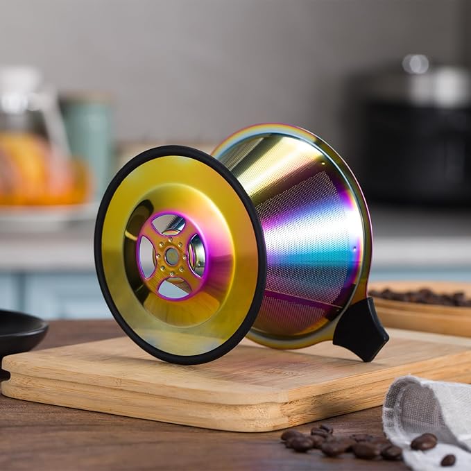 Pour Over Coffee Dripper INSINTAR Reusable Stainless Steel Coffee Filter Paperless Metal Coffee Strainer Single Cup Coffee Maker 1-4 Cup for Camping,Travel,Office and Home(Titanium Iridescent)
