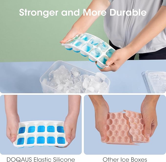 DOQAUS Ice Cube Tray with Lid and Bin - 4 Pack Silicone Ice Cube Trays for Freezer, Stackable Ice Bucket Kits with Storage Container & Scoop for Kitchen, RV, Cocktail, Coffee