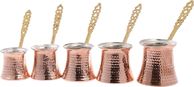 Turkish Solid Hammered Copper Greek Arabic Coffee Pot Stovetop Coffee Maker Cezve Ibrik Briki with (5 Size) (Metal Handle)