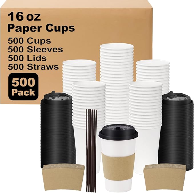 16 oz 500 Pack Coffee Cups with Lids and Sleeves, Straws, Hot Disposable To Go Travel Paper Cups Bulk for Office, Home Coffee Bar Accessories, Chocolate, Cocoa, Beverage (White)